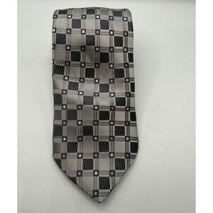 Nicole Miller Col. Men Grey Black Purple Geometric Grid Woven Classic Necktie